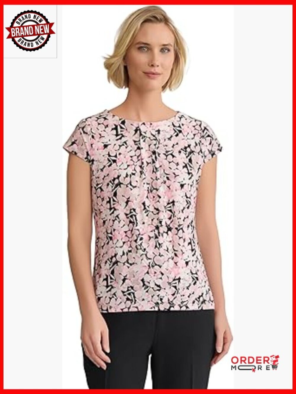 Cap Sleeve Pleat Neck Printed Jersey Top - Floral, Wrinkle Resistant